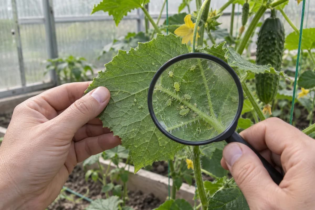 A gardener steadies the edge of an attached cucumber leaf and examines its underside with a hand lens