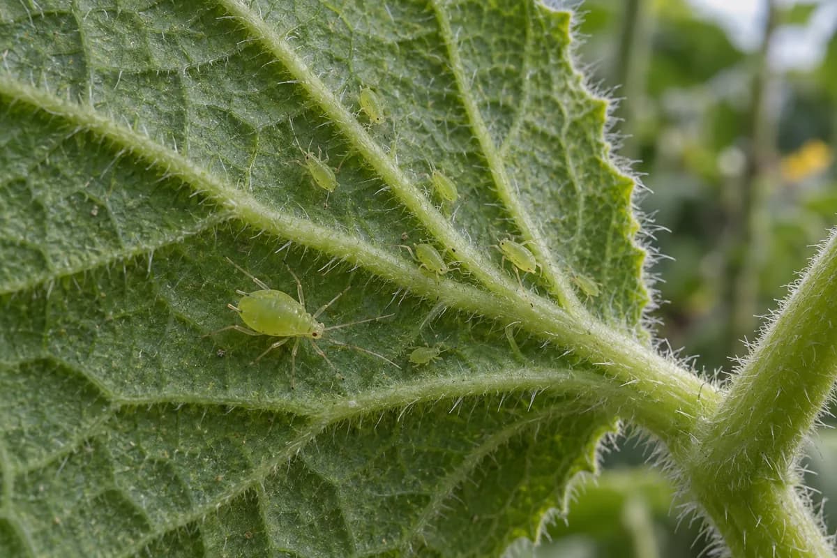A close view of pale green aphids along veins on the underside of an attached cucumber leaf