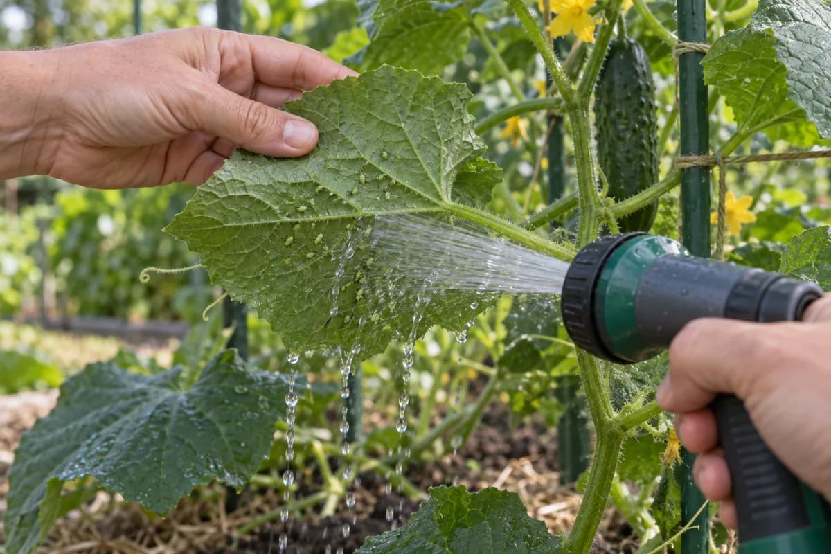 A gardener supports an attached cucumber leaf while directing plain water at its underside