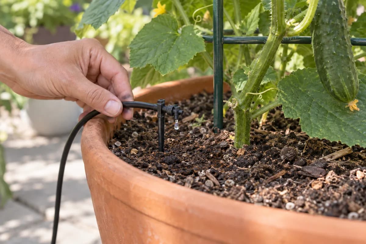 A gardener checks water arriving from a drip outlet at the growing mix in a cucumber pot