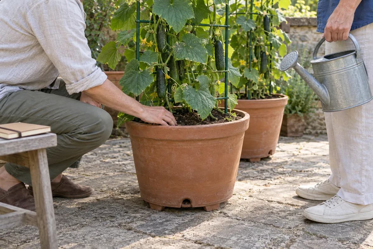 One gardener shows another where to check the growing mix in a cucumber pot before watering