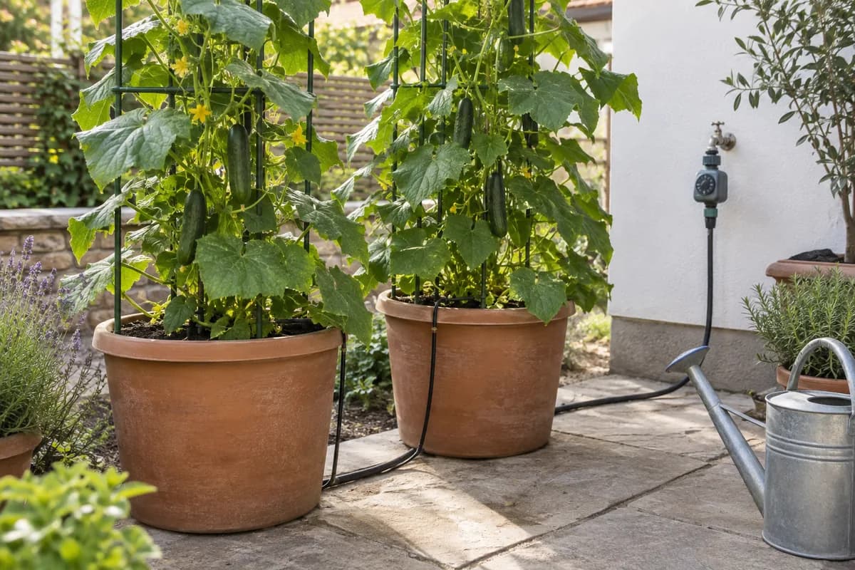 Two supported cucumber plants in patio pots beside a tap-fed watering line and a watering can