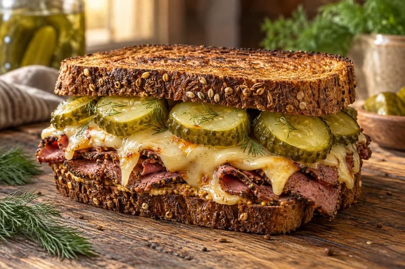 A generous toasted sandwich layered with cheese and crunchy pickles