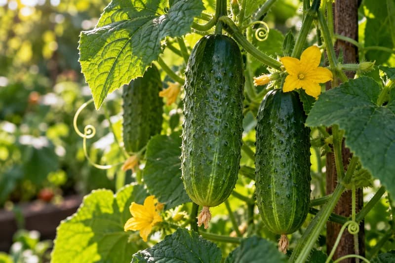 Fresh cucumbers growing among green leaves and yellow flowers
