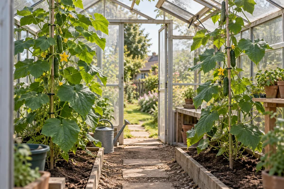 Two cucumber vines on separate supports beside an open greenhouse doorway
