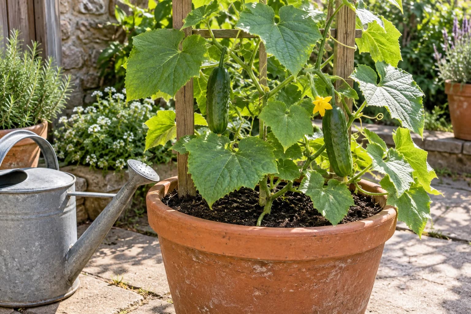 A cucumber plant supported in a large container beside a watering can