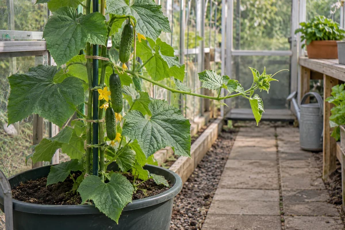 A healthy cucumber vine on a greenhouse support with a side shoot extending towards the path