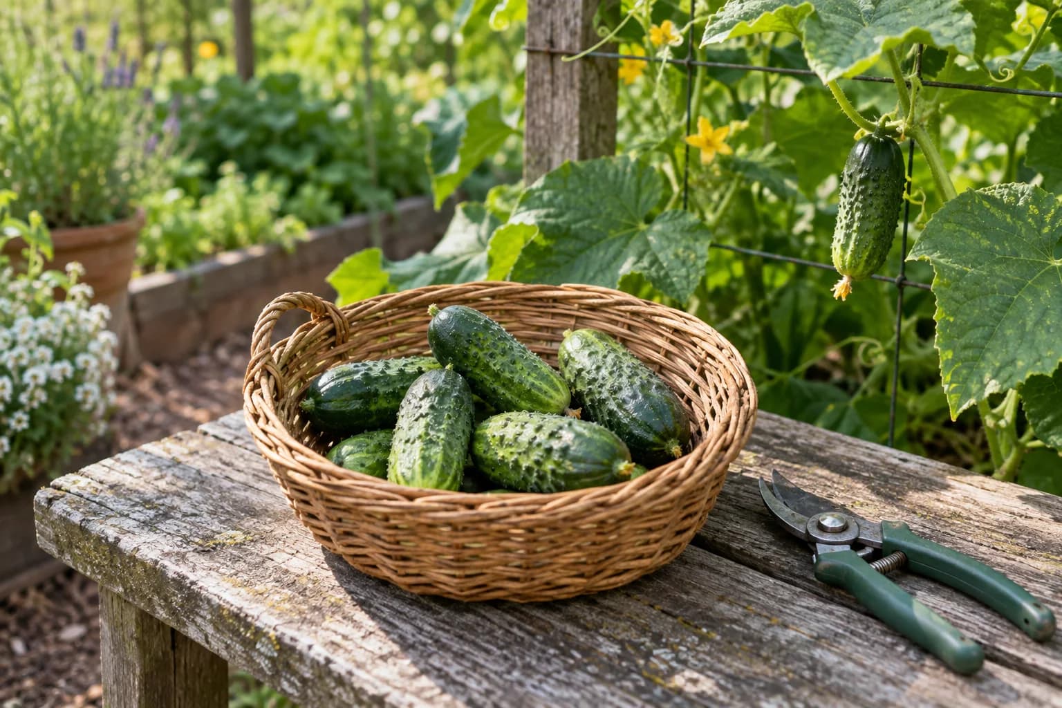 A small basket of pickling cucumbers beside garden snips
