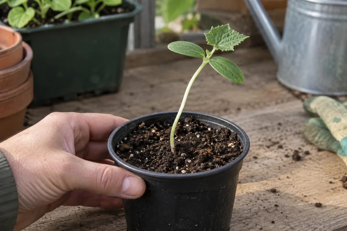 A hand steadies a small pot beside a cucumber seedling with a long stem and two oval seed leaves