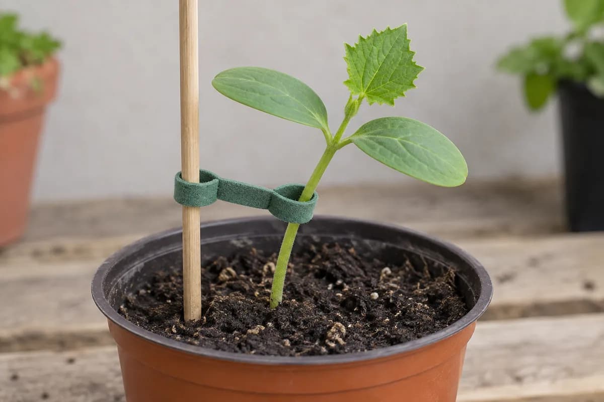 A cucumber seedling beside a slender support with a loose soft tie and its stem base visible above the compost