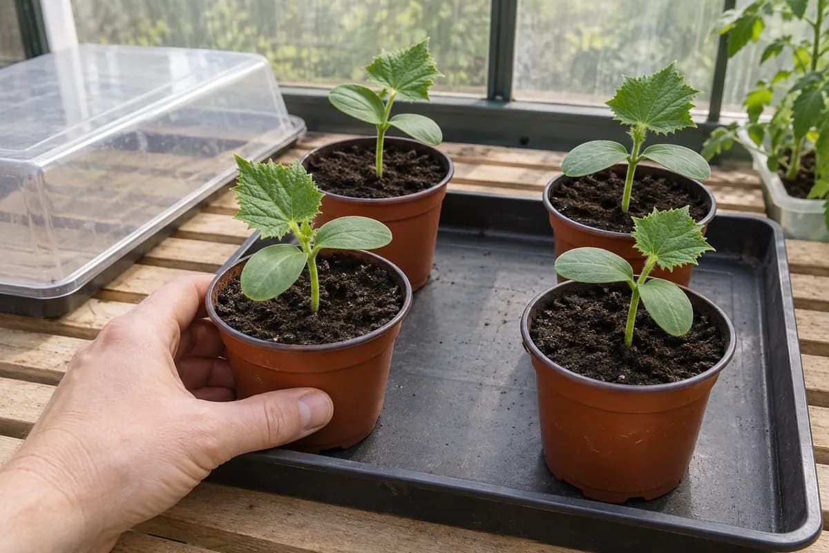 A hand moves one of four small cucumber pots apart on a bright indoor bench with the clear lid set aside