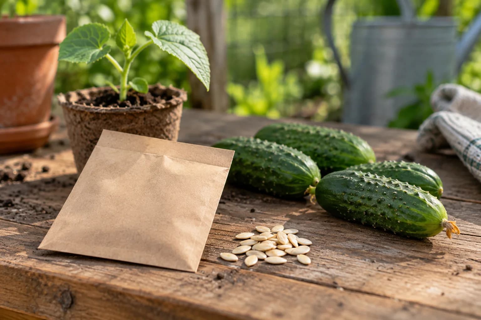 Cucumber seeds and small pickling cucumbers beside a plain seed packet