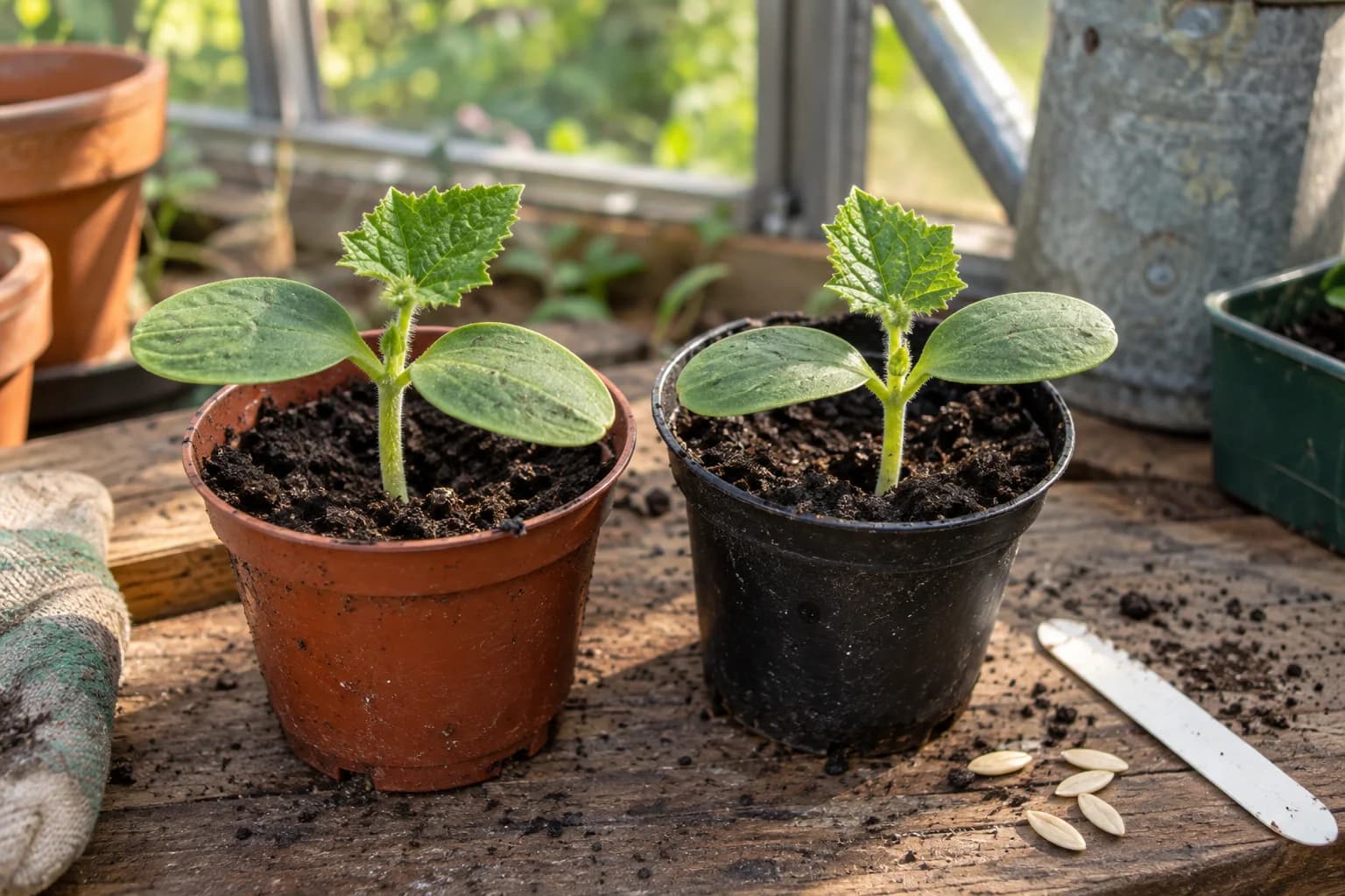 Cucumber seedlings growing in separate nursery pots