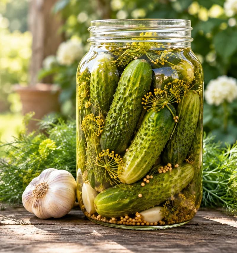 A glass jar packed with cucumbers, fresh dill and garlic