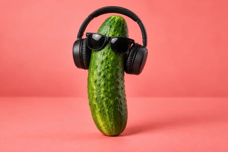 A playful cucumber wearing sunglasses and black headphones