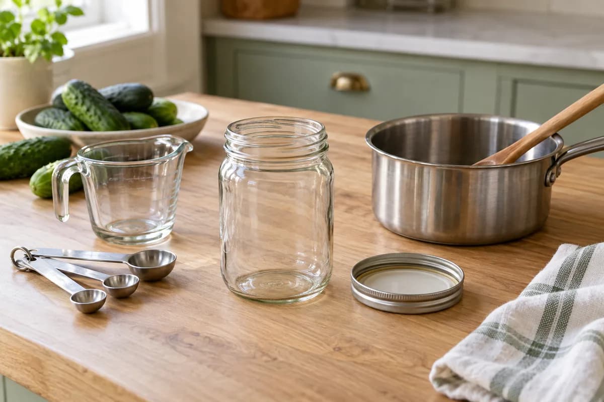 A glass jar and kitchen tools arranged for making cucumber pickles