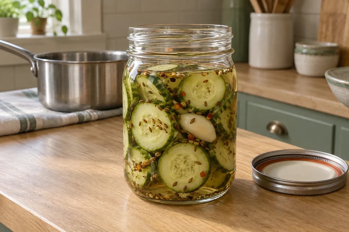 Cucumber slices in a glass jar with pickling liquid, garlic and spices