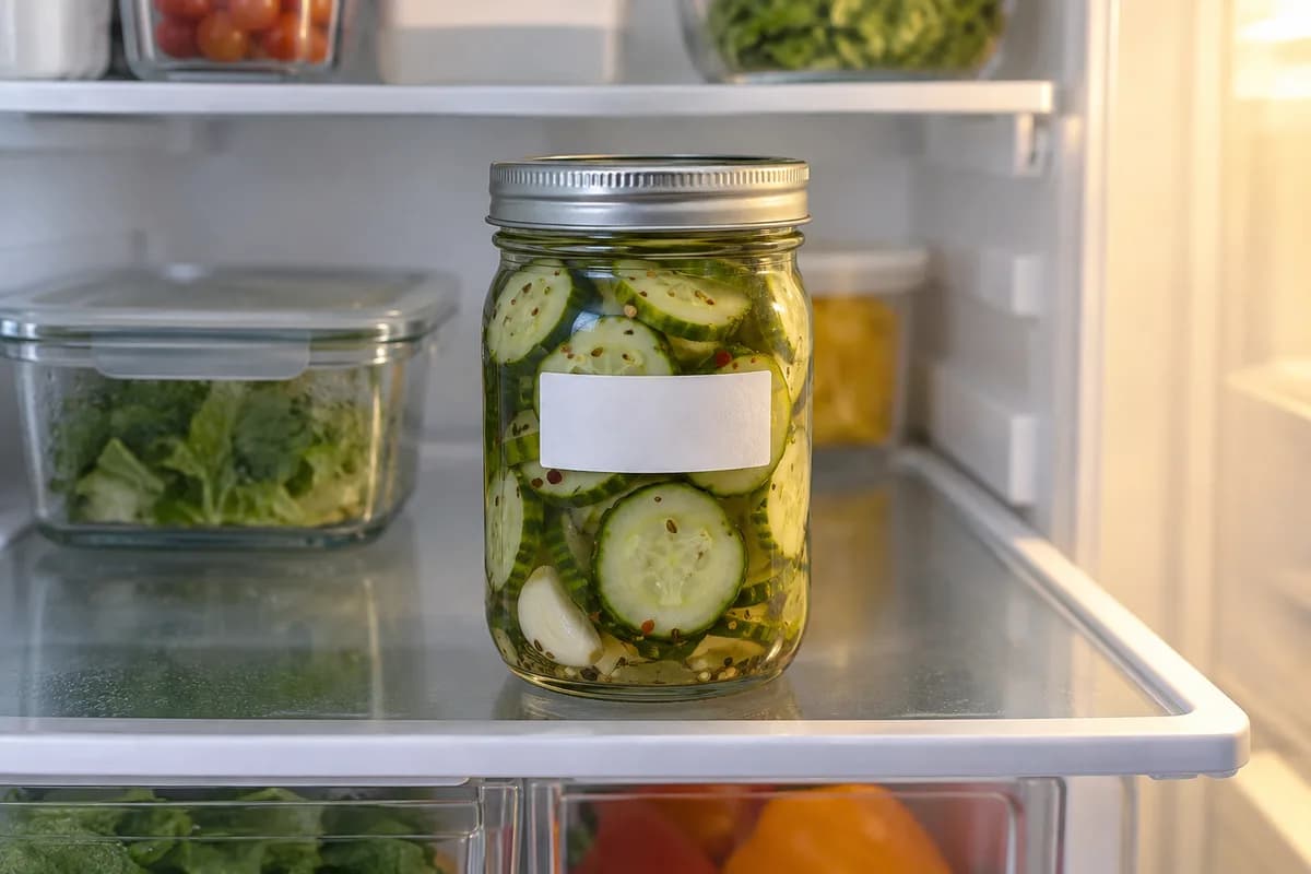 A closed jar of cucumber pickles with a blank label in a refrigerator