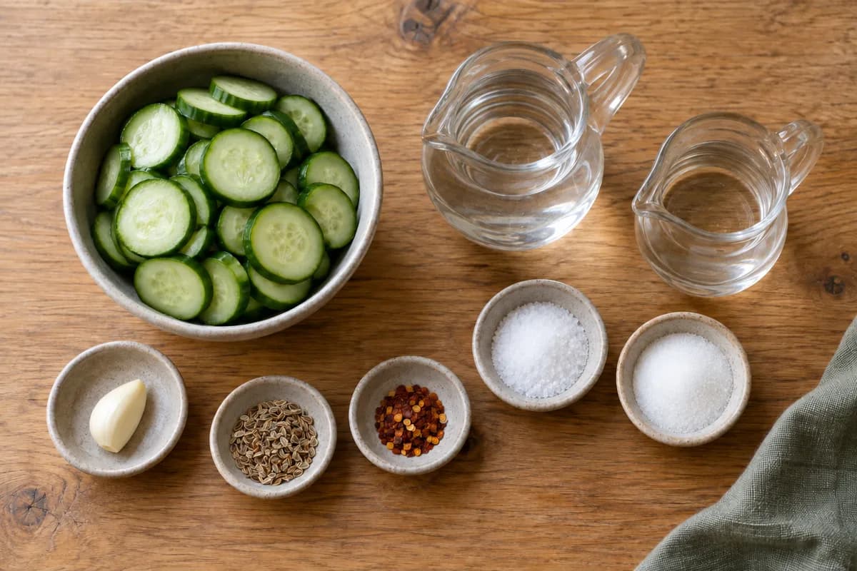 Cucumbers and ingredients set out for refrigerator pickles