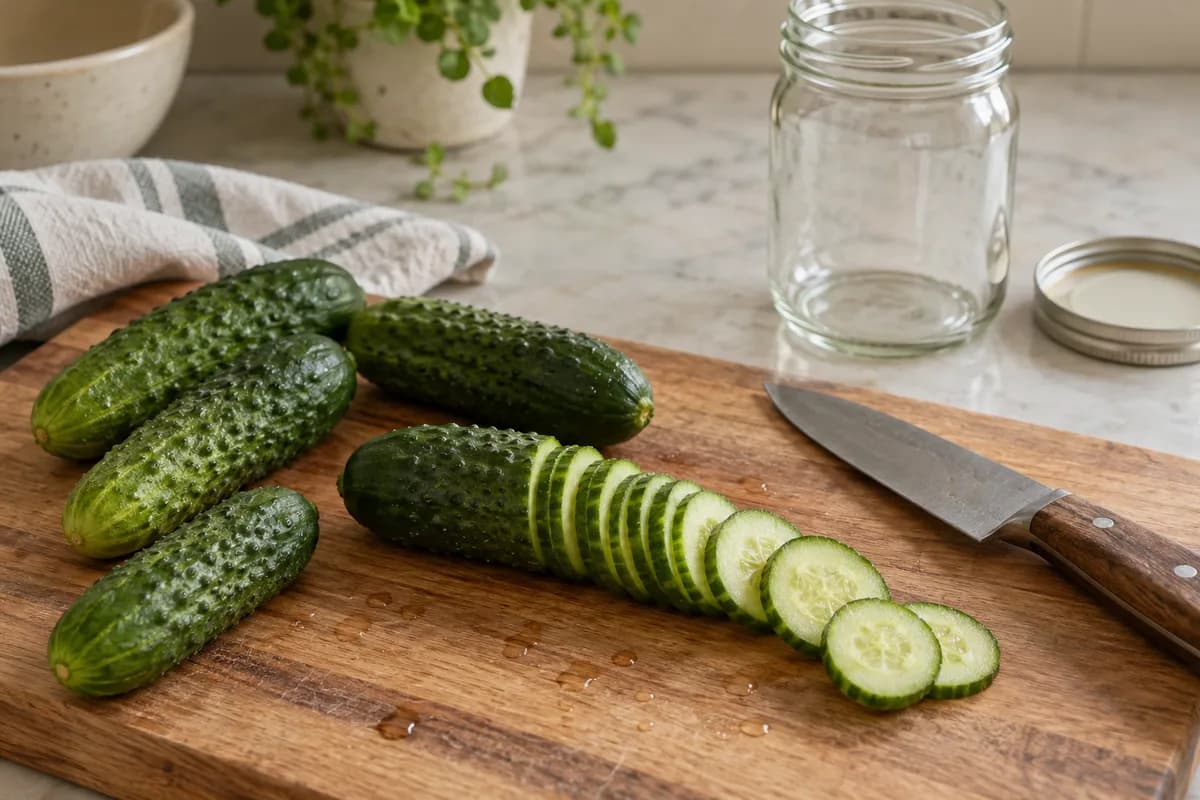 Cucumber slices being prepared on a chopping board