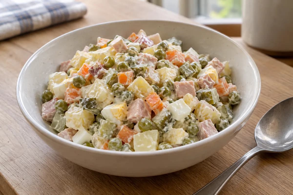 Diced potato, carrot, cooked sausage, pickles, peas and hard-boiled egg in a creamy rosols salad.