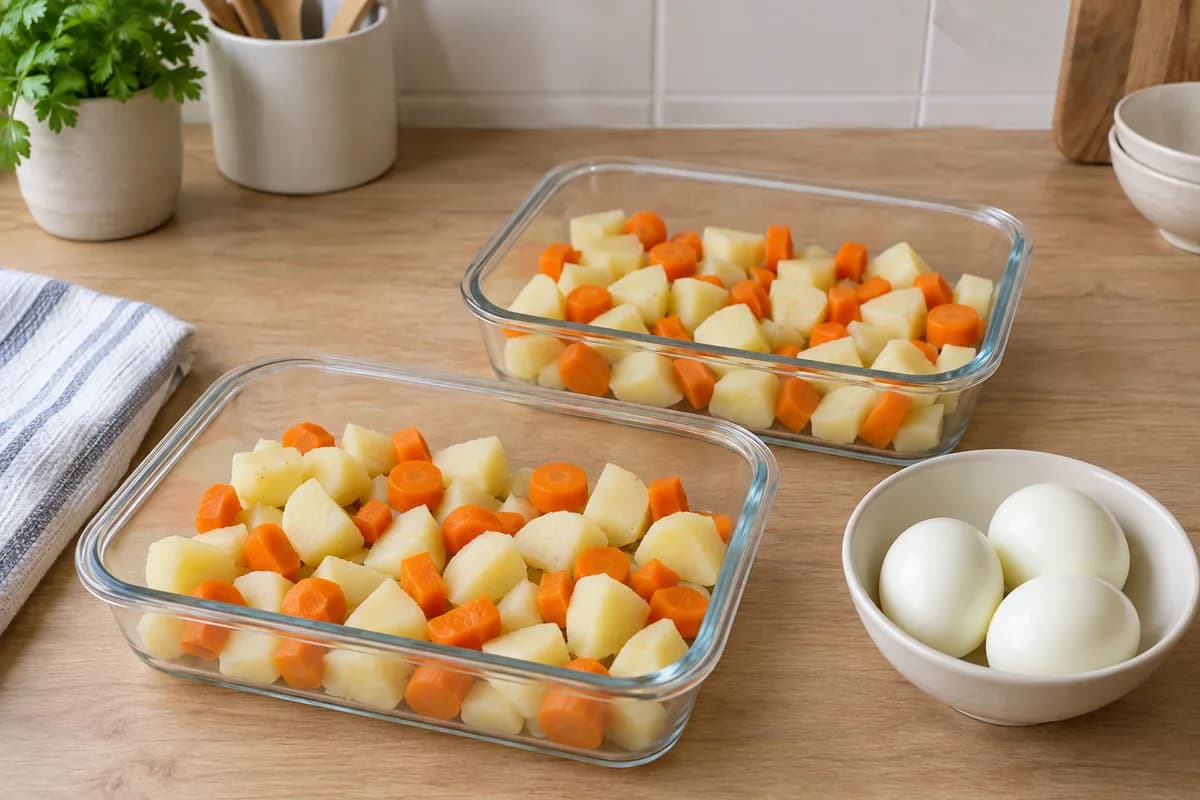 Cooked potato and carrot pieces spread in shallow containers beside three peeled hard-boiled eggs.