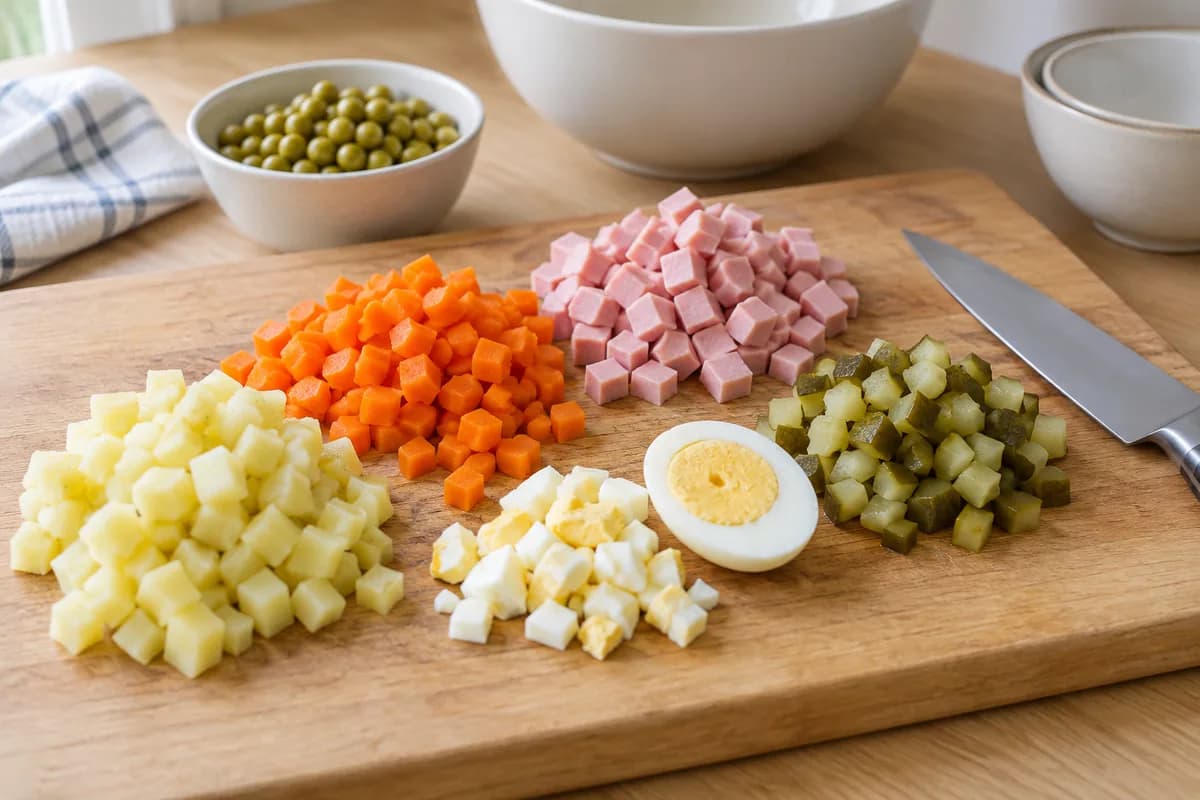 Small diced potato, carrot, cooked bologna, pickle and firm-boiled egg on a clean chopping board.