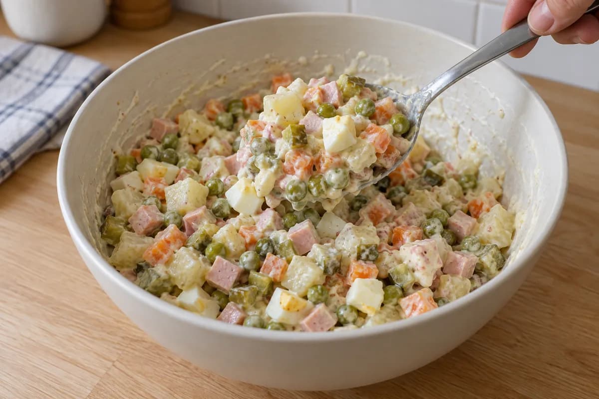 A broad spoon folding creamy dressing through diced rosols ingredients in a mixing bowl.