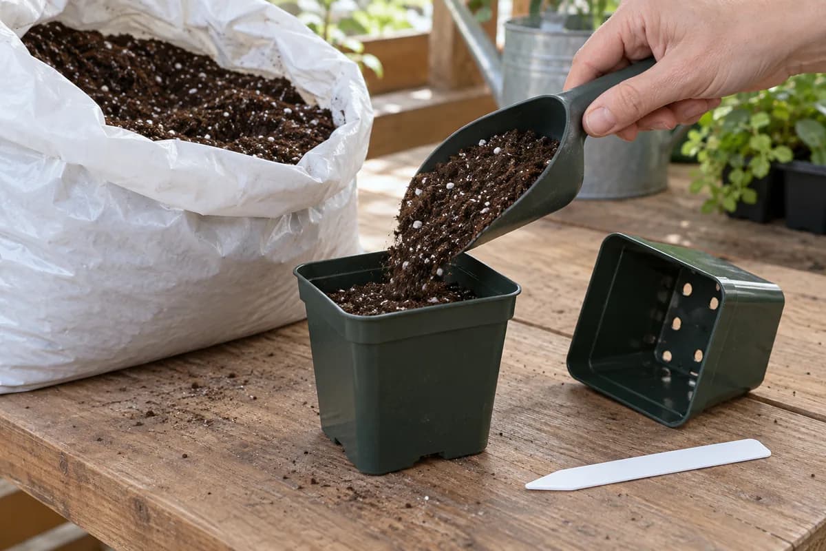 A gardener uses a clean scoop to fill a new draining nursery pot with fresh seed-starting mix