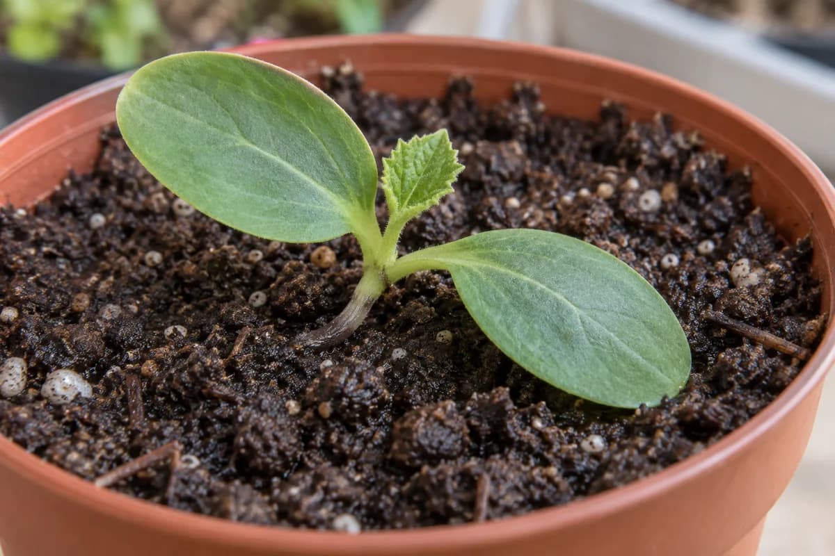 A young cucumber seedling bent at a narrowed brownish section of stem where it enters the growing mix