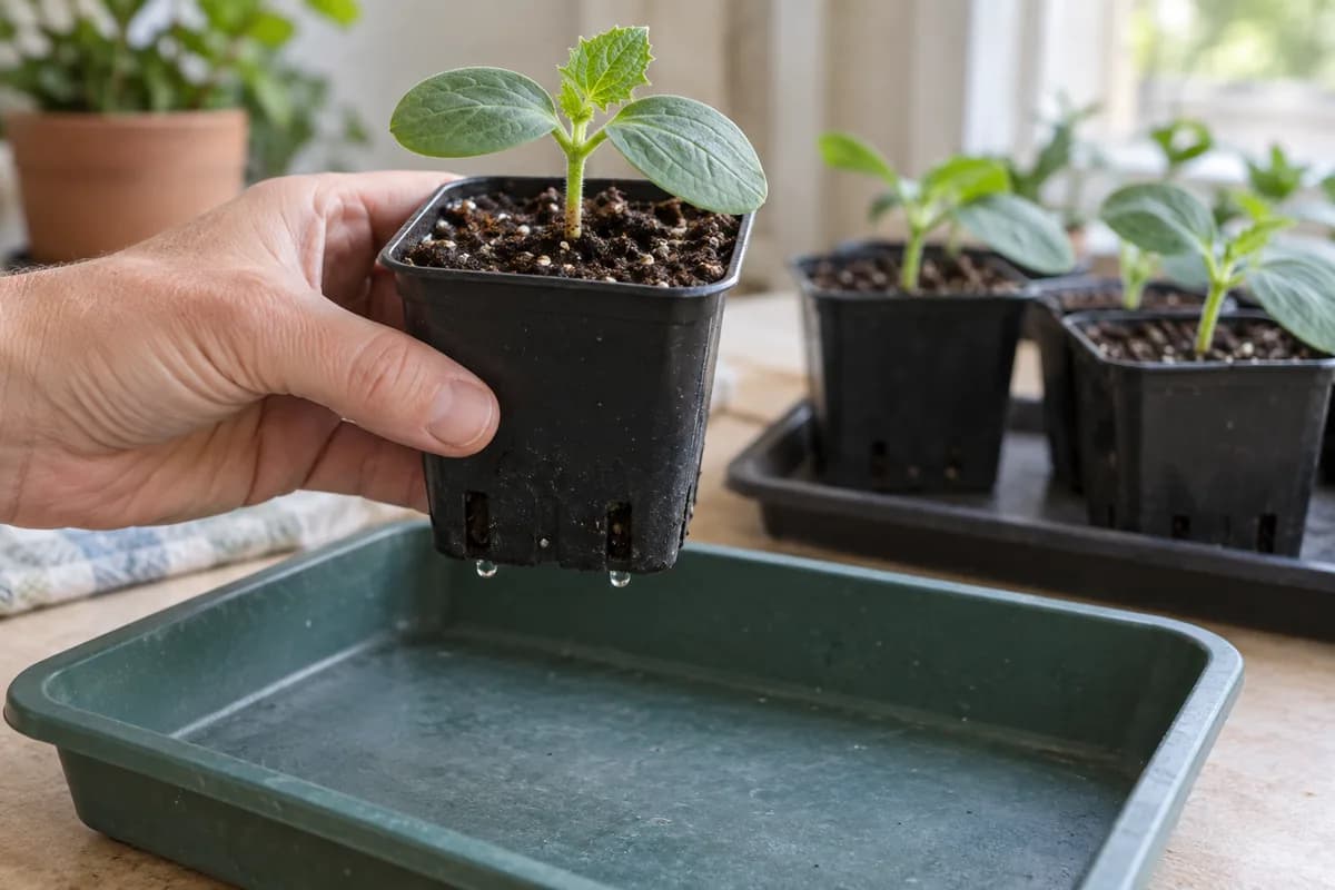 A gardener holds a small cucumber pot above an empty tray, with drainage slots visible at the base