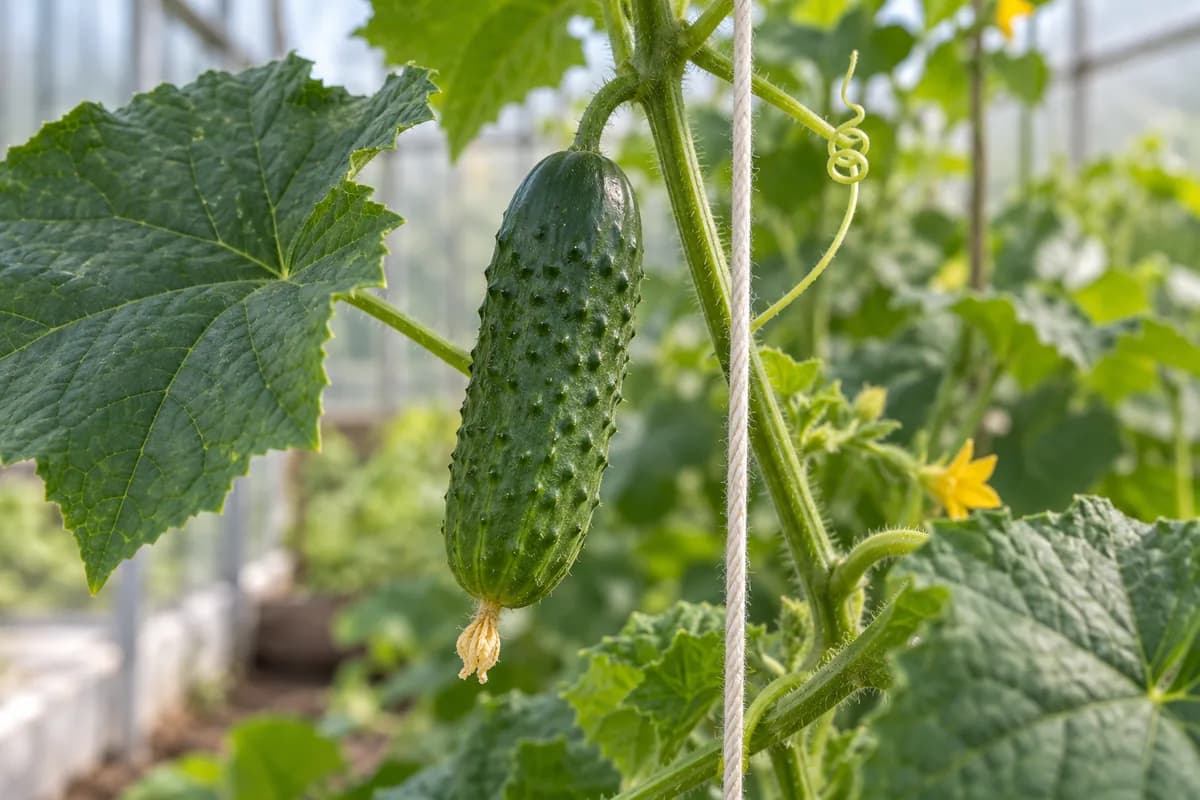A developing cucumber hanging beside a support string with clear space around the fruit
