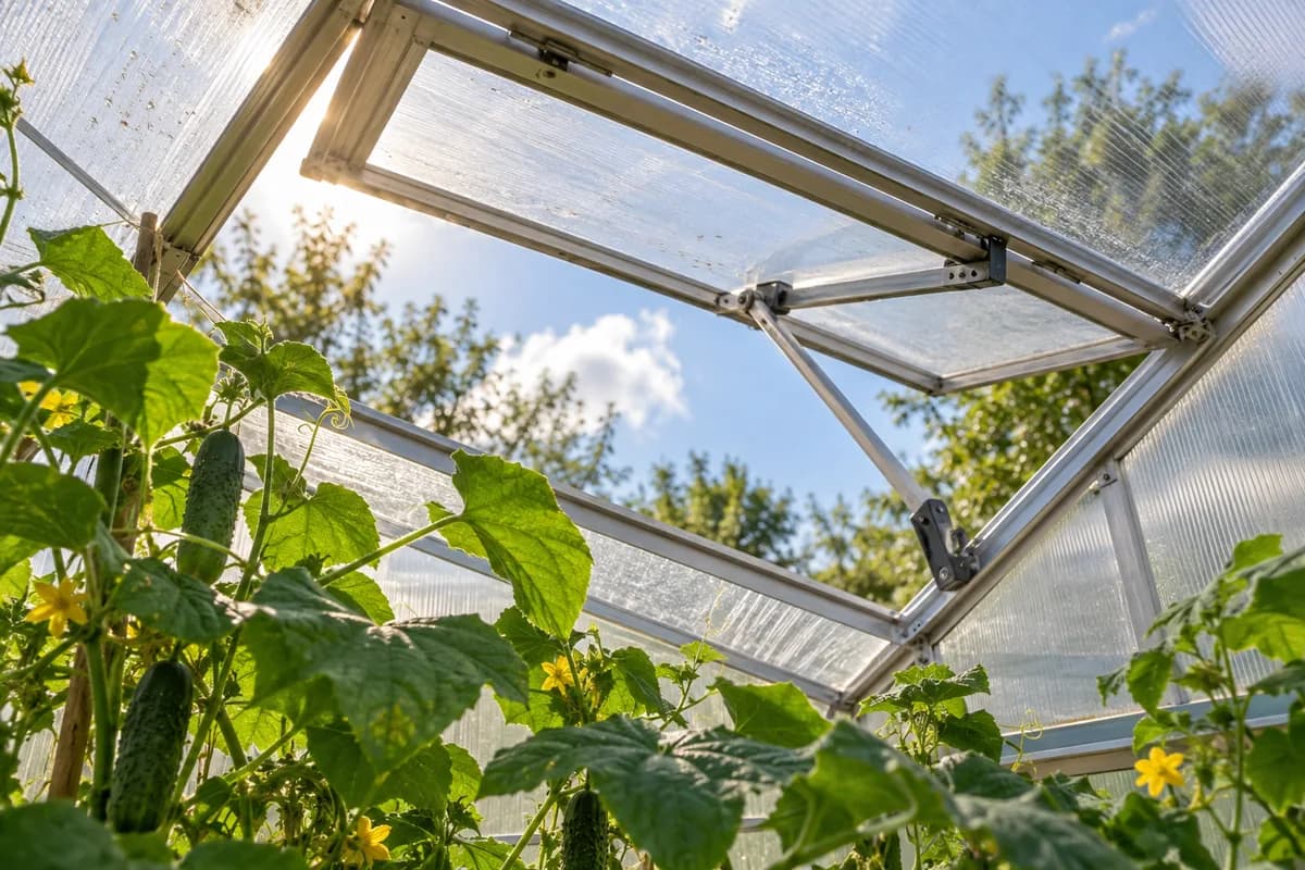 An open greenhouse roof vent above cucumber foliage