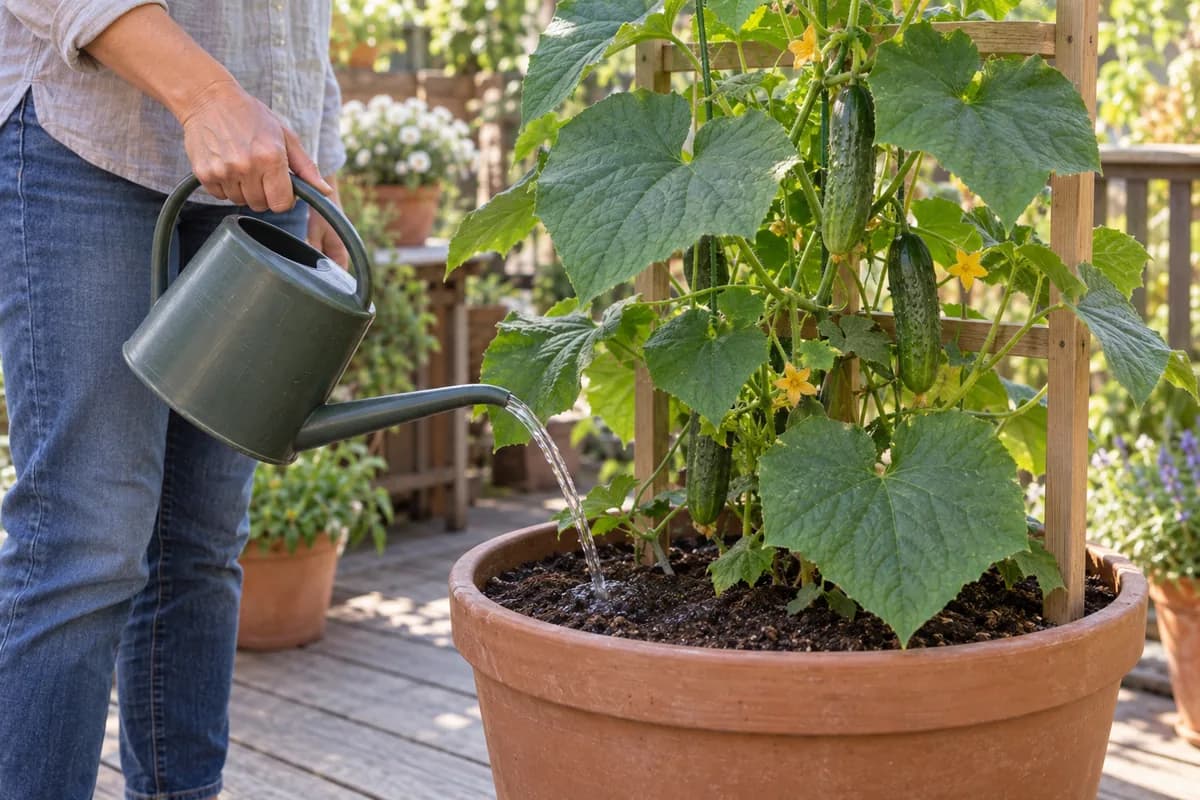 A narrow watering-can spout directs a gentle stream onto soil beneath dry cucumber foliage