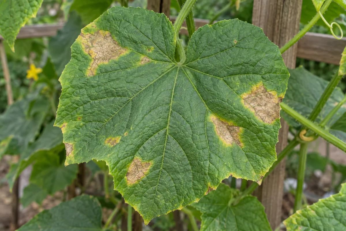 An attached cucumber leaf with irregular tan patches bordered by small veins and narrow yellow margins