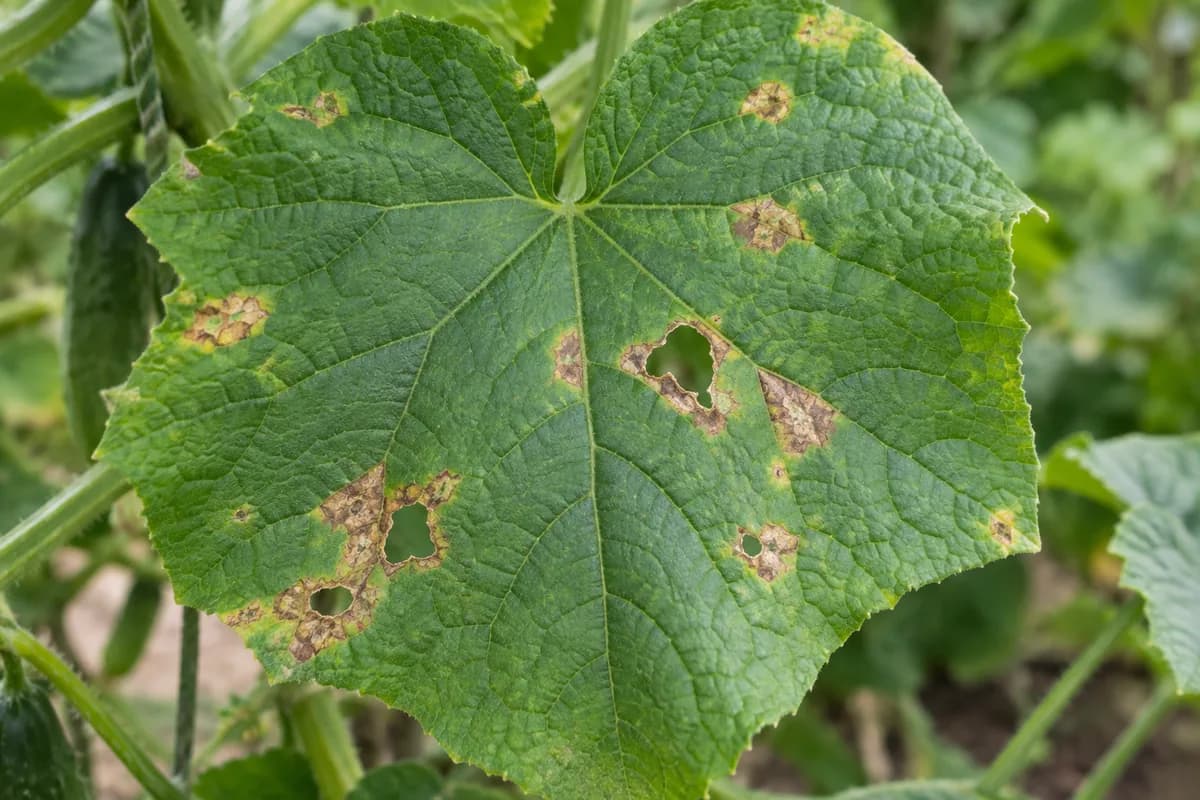 Close view of a cucumber leaf showing dry tan spots and a few irregular holes where tissue is missing