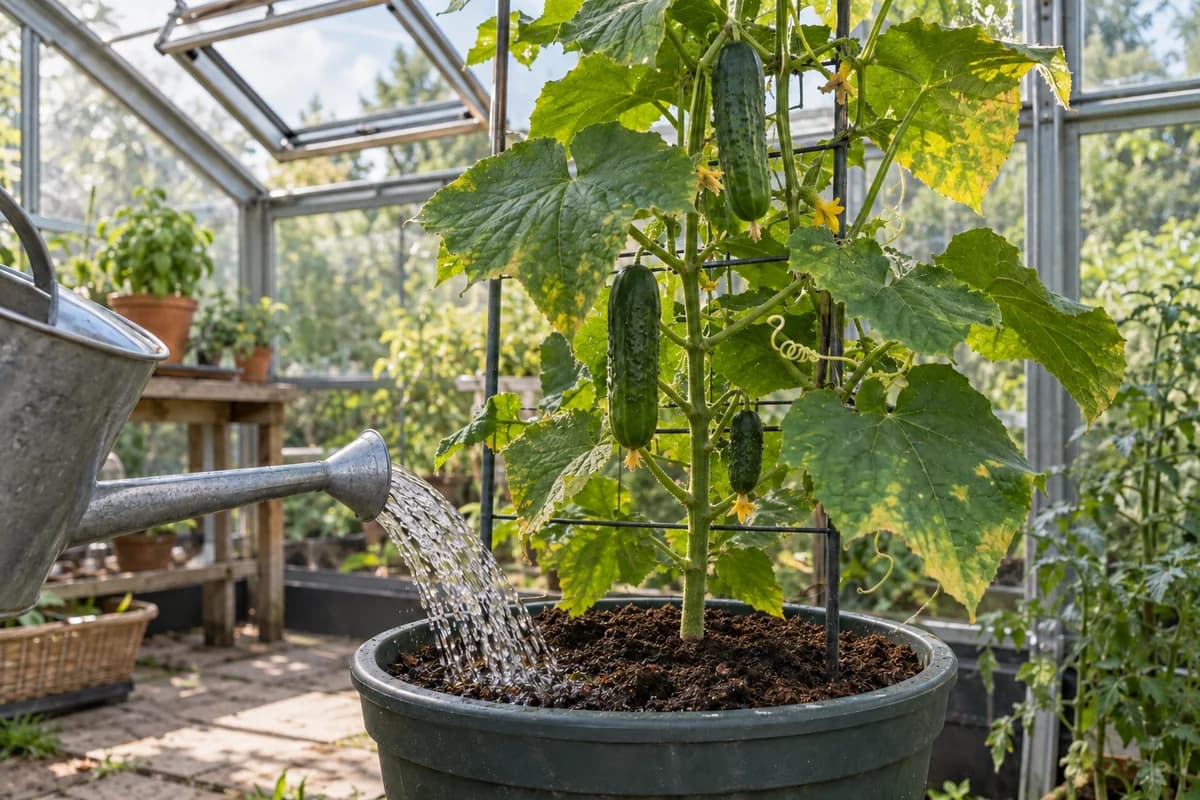 Watering-can spout aimed at the mix beside a supported cucumber in a ventilated greenhouse