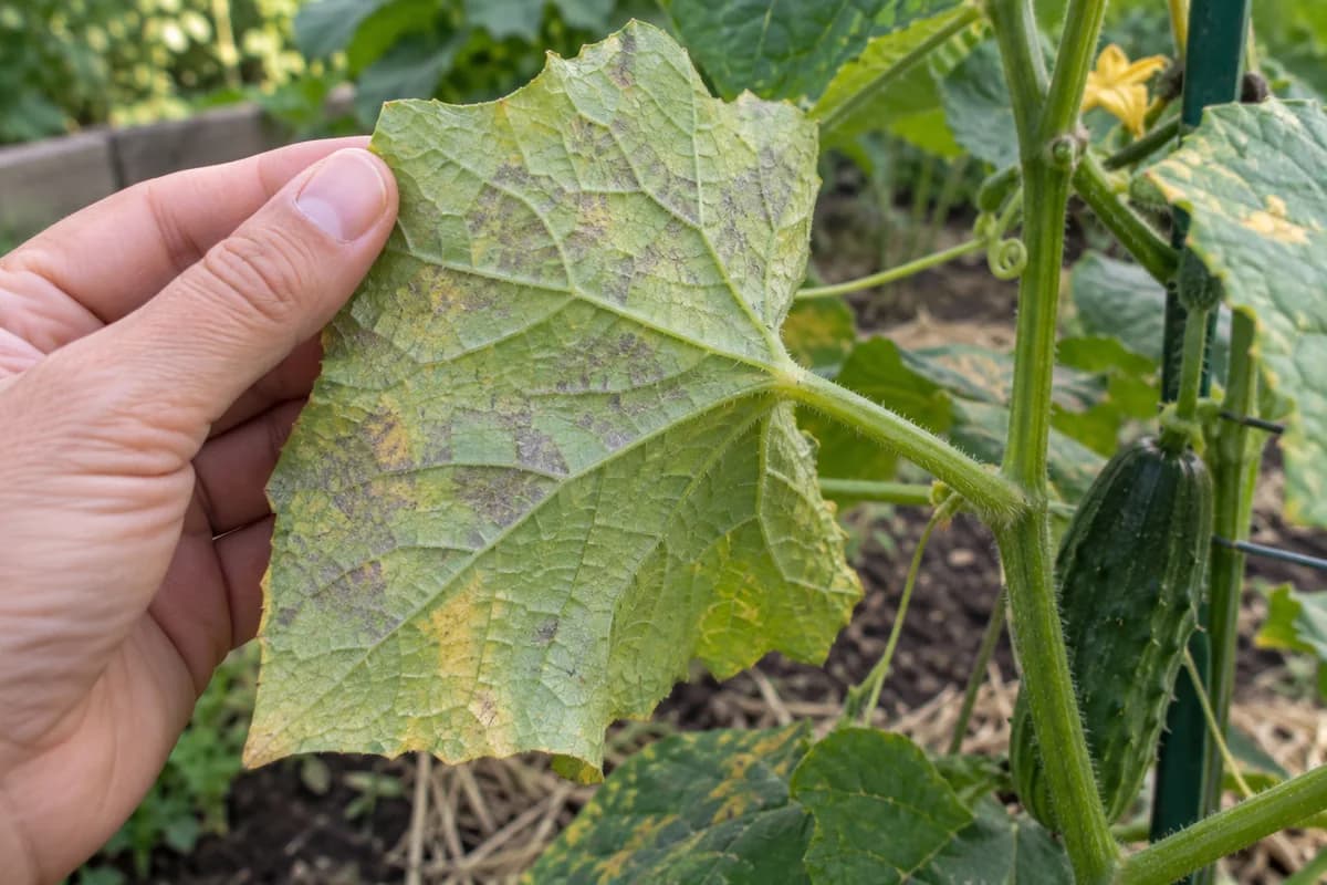 Hand lifting a cucumber leaf to show fine grey-purple patches on its underside