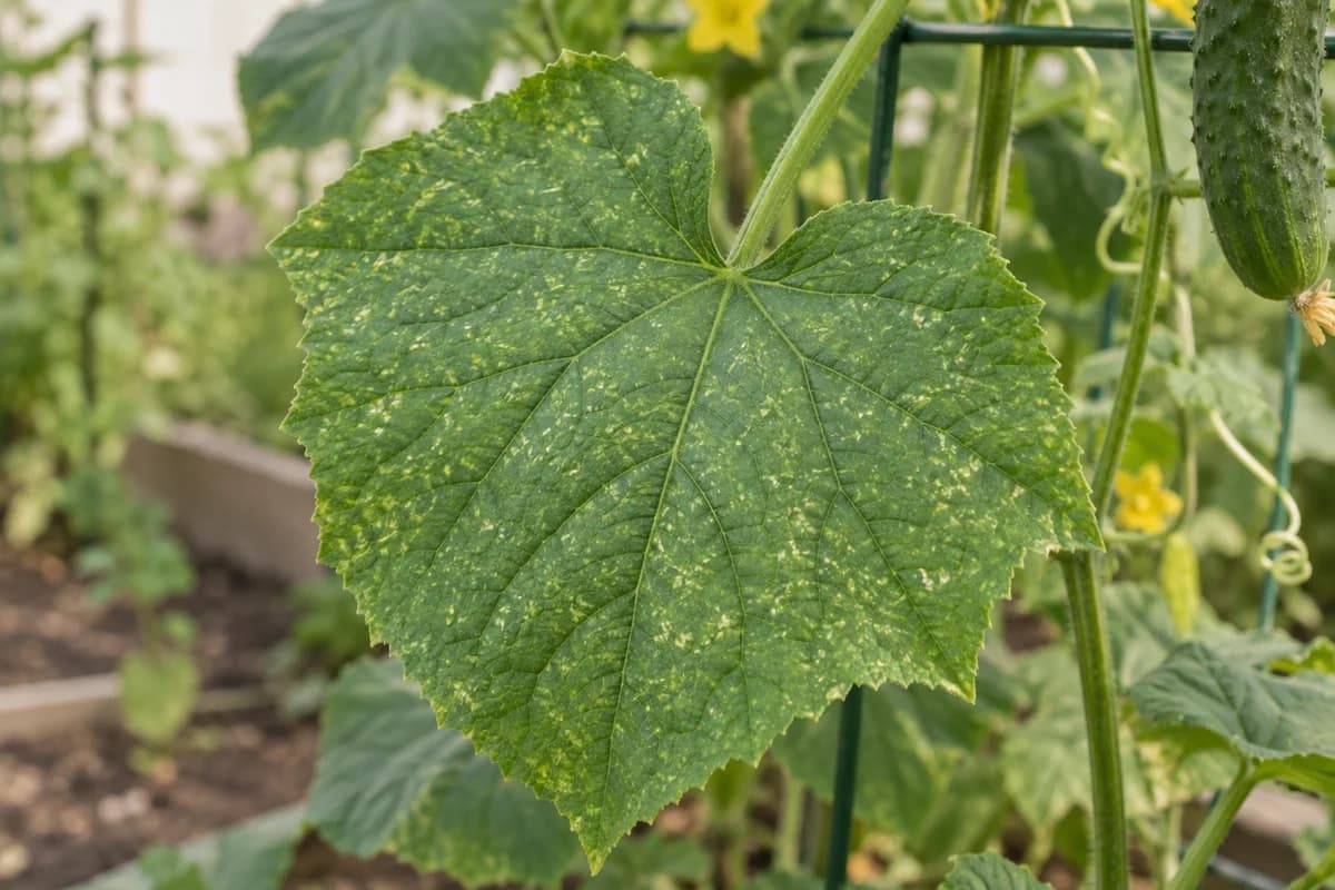 Attached cucumber leaf with many fine pale speckles across green tissue