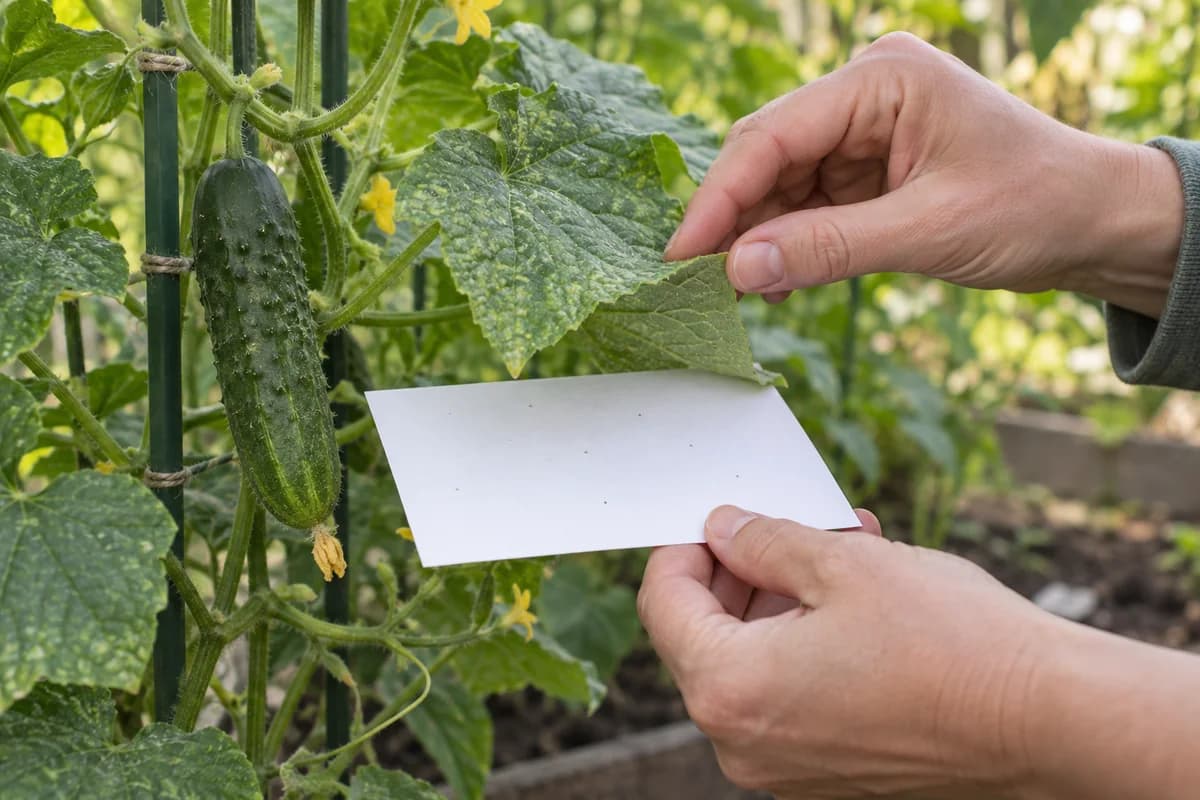 White card held beneath an attached cucumber leaf during a pest inspection
