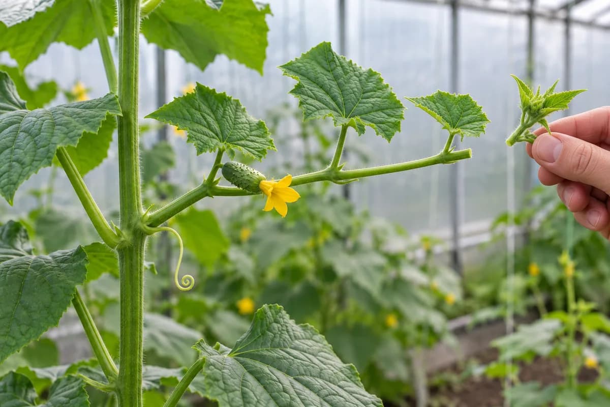A shortened cucumber side shoot retains its flower-node leaf and two farther leaves, with the removed tip held separately