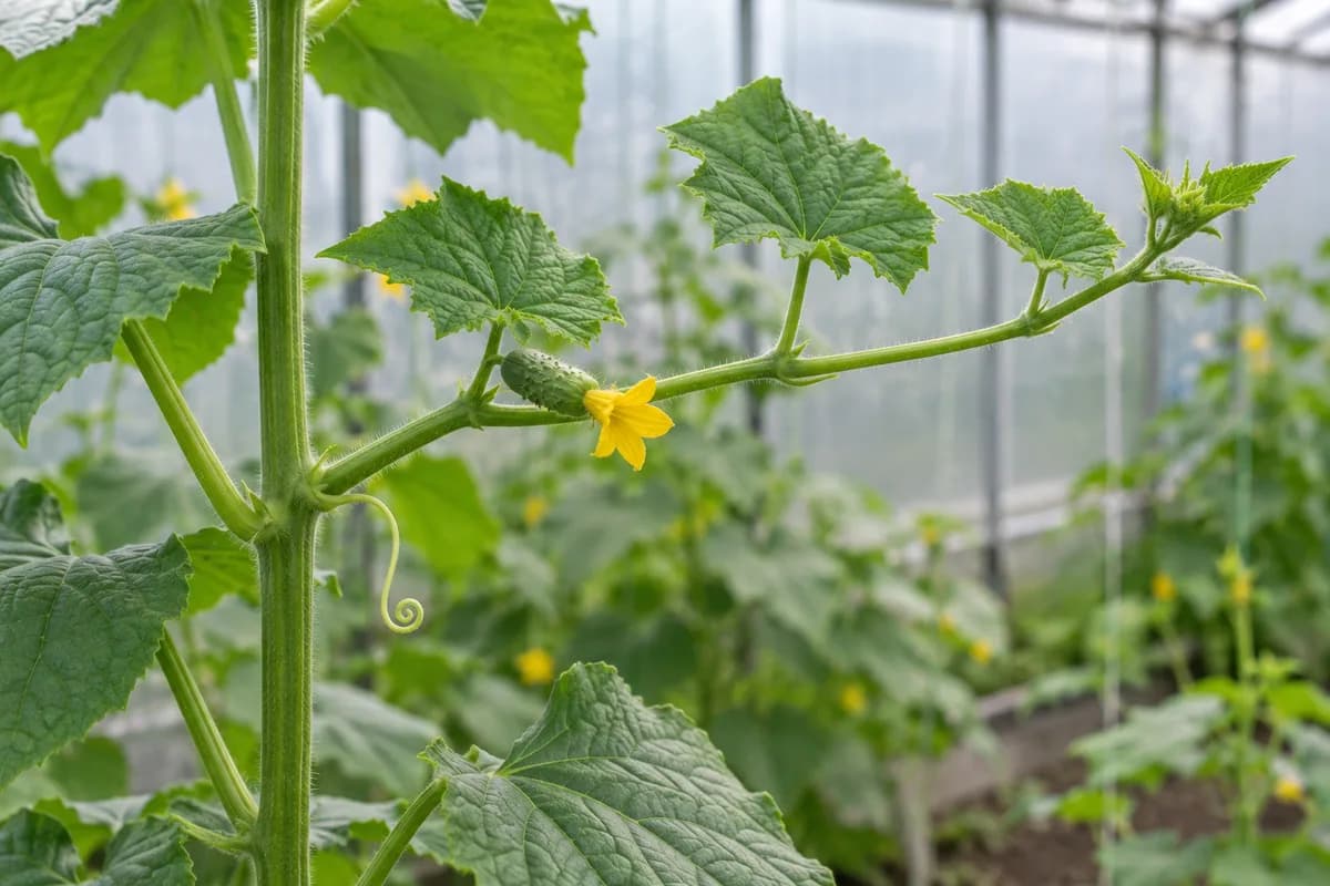 Close view of a cucumber main stem and a leafy side shoot with a female flower and two leaves farther along it