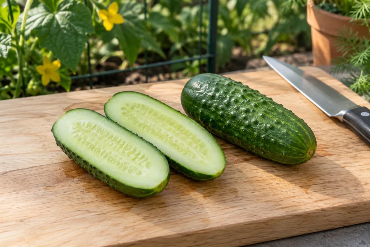 A green cucumber cut lengthways on a wooden board beside a whole cucumber