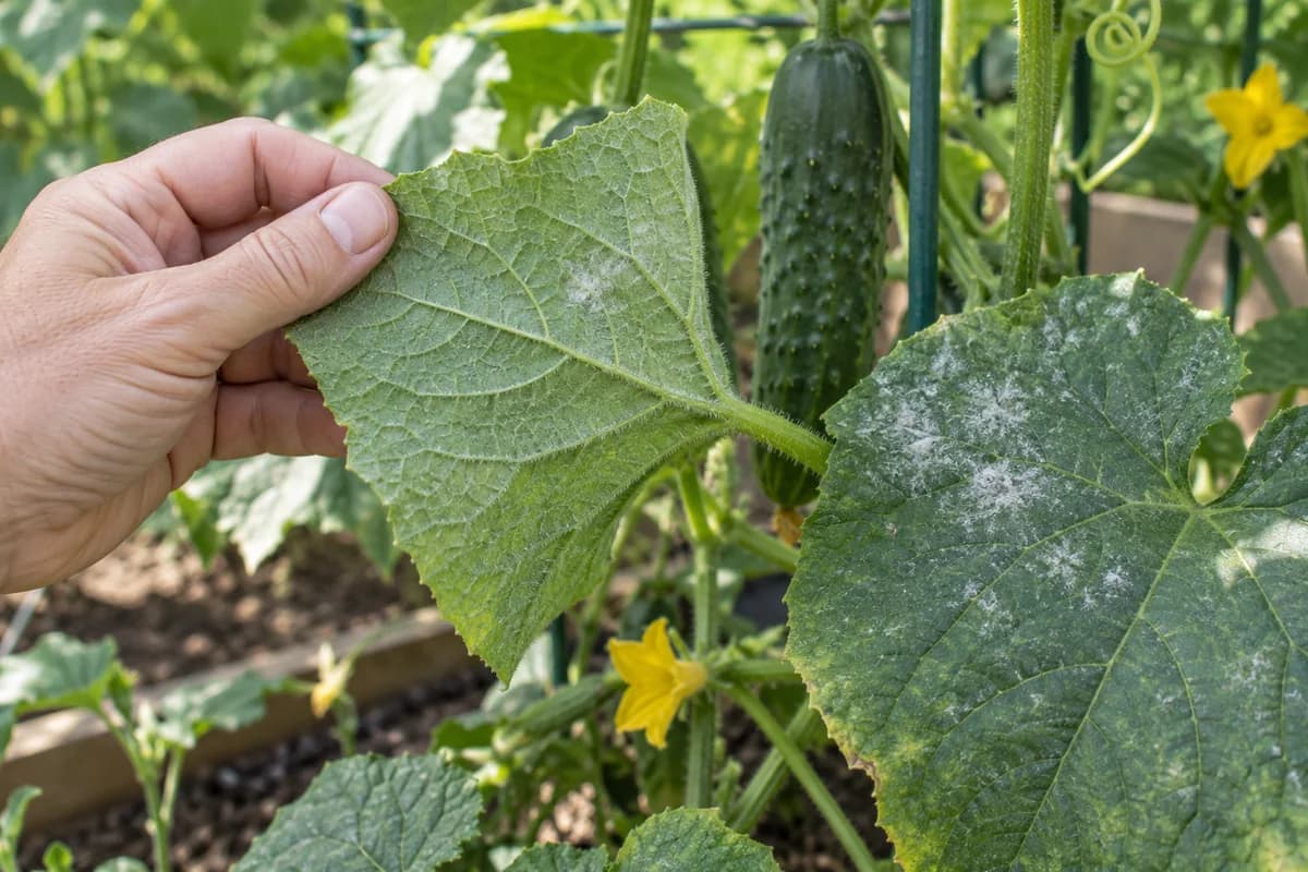 A hand lifting a cucumber leaf to inspect the lower surface