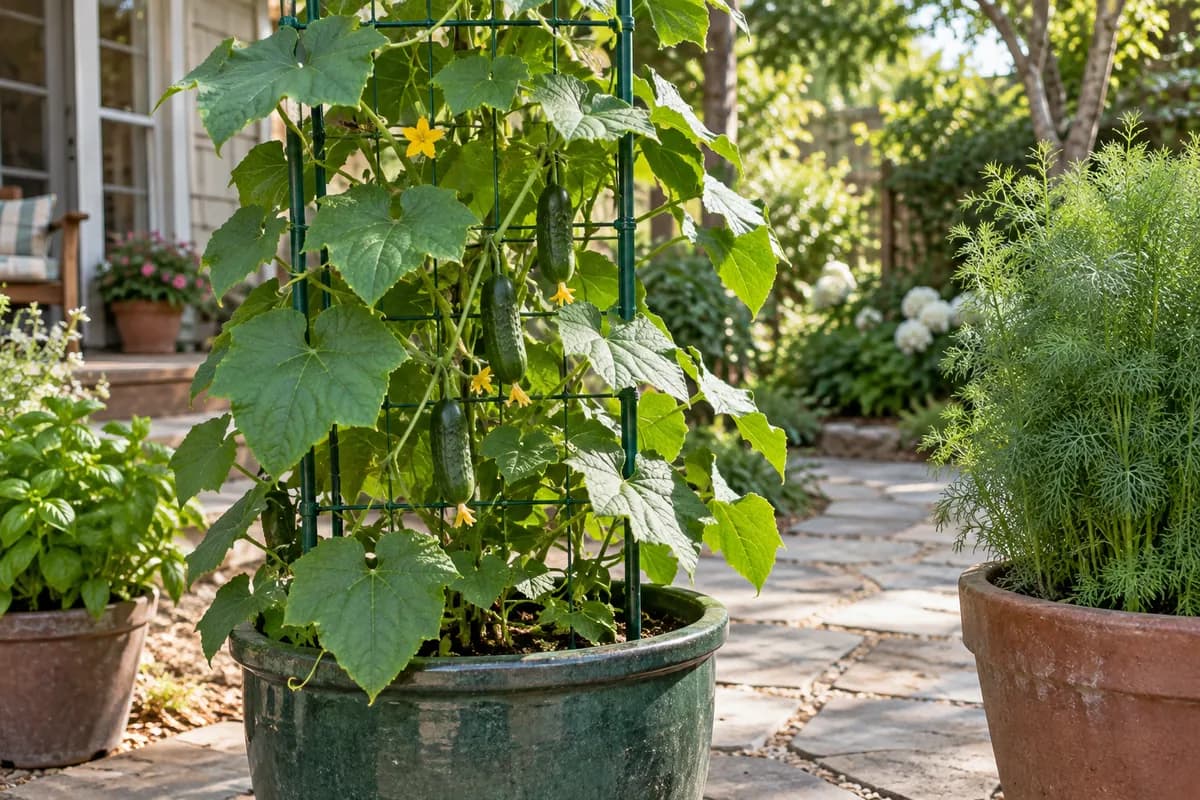 A cucumber vine trained on a trellis with space between nearby containers