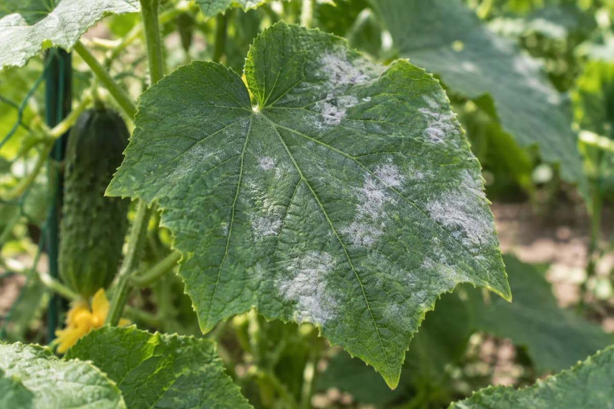 A cucumber leaf with irregular white powdery patches on its green upper surface