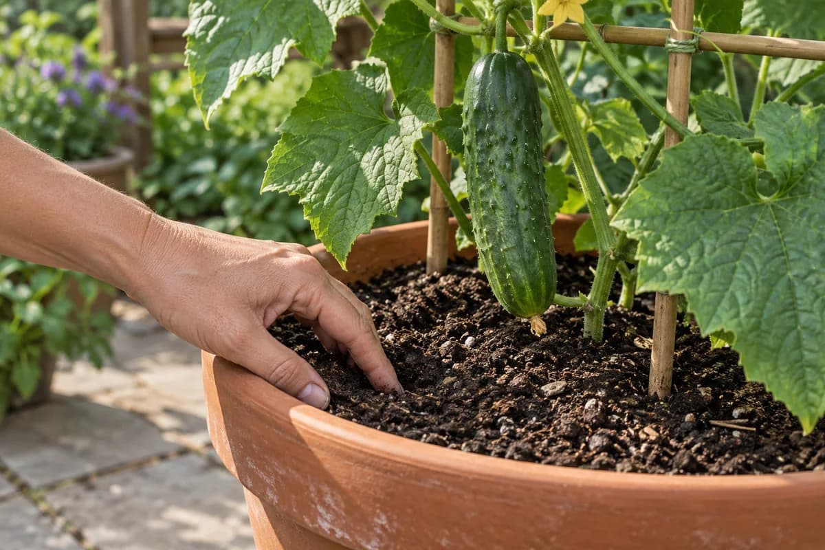 A hand checking potting mix beside the base of a container-grown cucumber