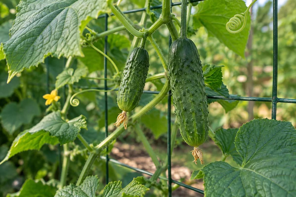 Small green pickling cucumbers growing at different sizes on a supported vine