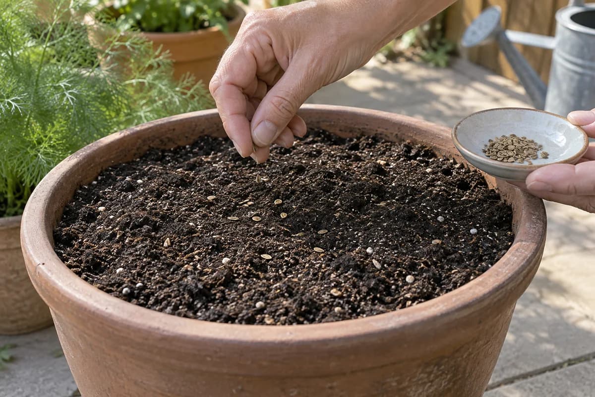 Dill seeds being sown thinly into potting mix in a deep container