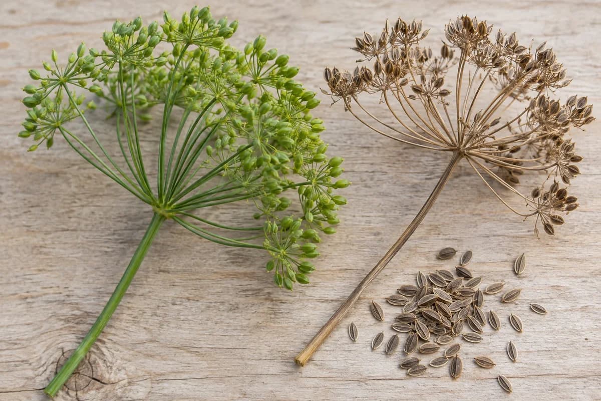 A flexible green dill seed head beside a dry brown head and loose dill seeds